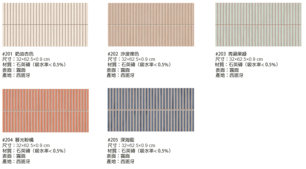 陶之雫系列 品名：陶之雫系列

款式：奶油杏色、沙漠裸色、青蘋果綠、暮光粉橘、深海藍
規格：霧面 32*62.5*0.9   16.2片/坪 ,吸水率 < 0.5%

厚度：9mm

材質：石英磚

產地：西班牙