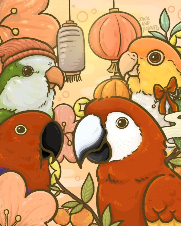 寧子手繪鸚鵡門簾｜鸚鵡小木屋 