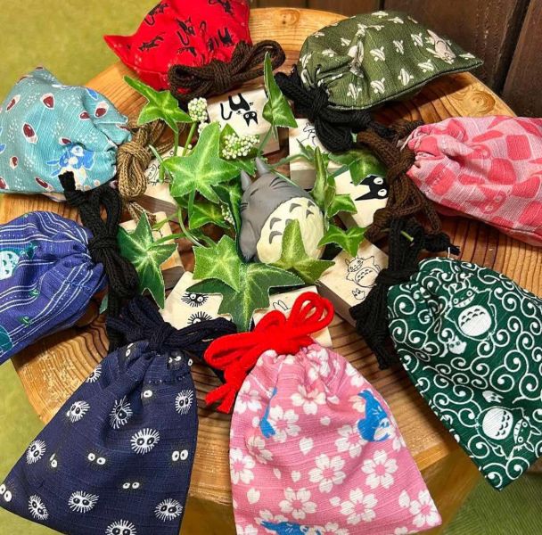 日本製』宮崎駿 龍貓 橡皮印章&和服布束口袋禮物組 -龍貓＆唐草模樣 
