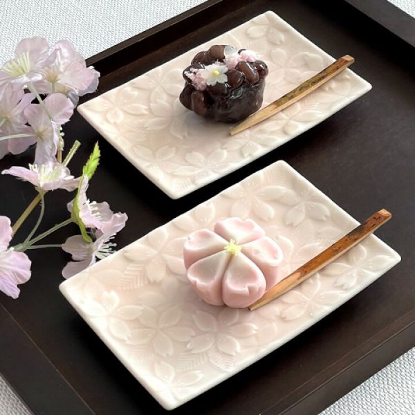 日本製 miyama深山 櫻花粉色 立體浮雕 長方瓷盤/點心盤/和菓子皿 