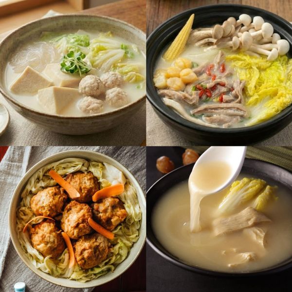 【好湯四品限量5套】回燒白菜豆腐雞丸湯X1+干貝慢熬純雞湯X1+干貝胡椒菜菜豬肚湯X1+清爽系紅燒獅子頭X1 