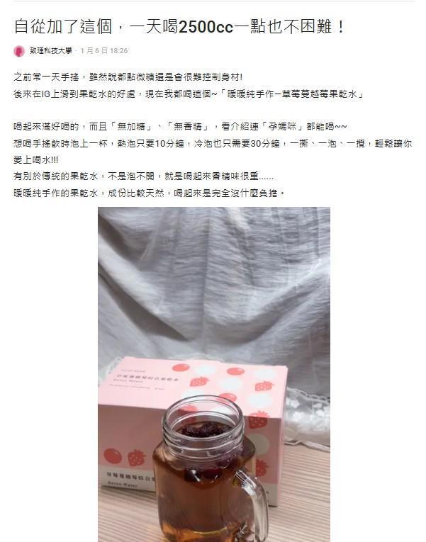 Dcard 網友分享草莓蔓越莓果乾水熱泡版本，呈現清爽日常補水情境