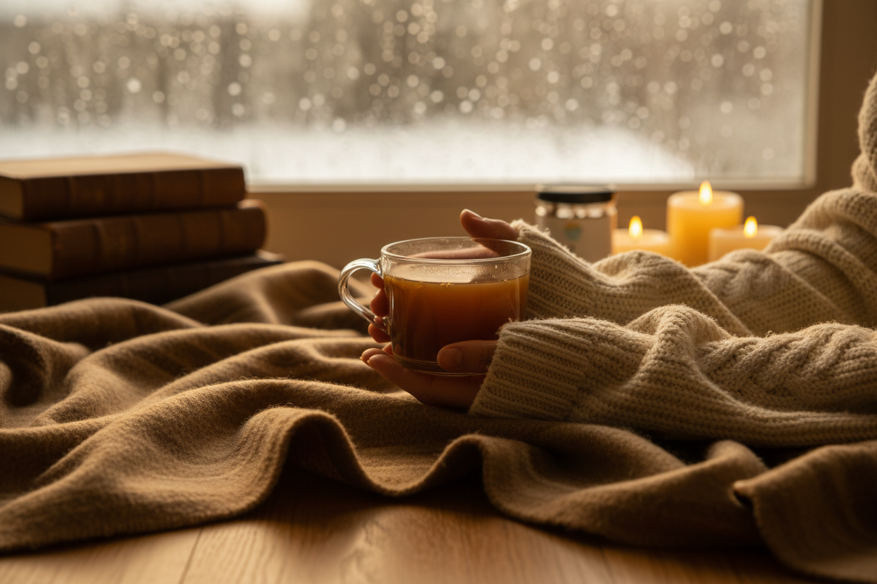 木桌上放置一杯草本熱茶，手輕握玻璃杯，旁邊攤開書本，營造安靜放鬆的閱讀飲茶時光