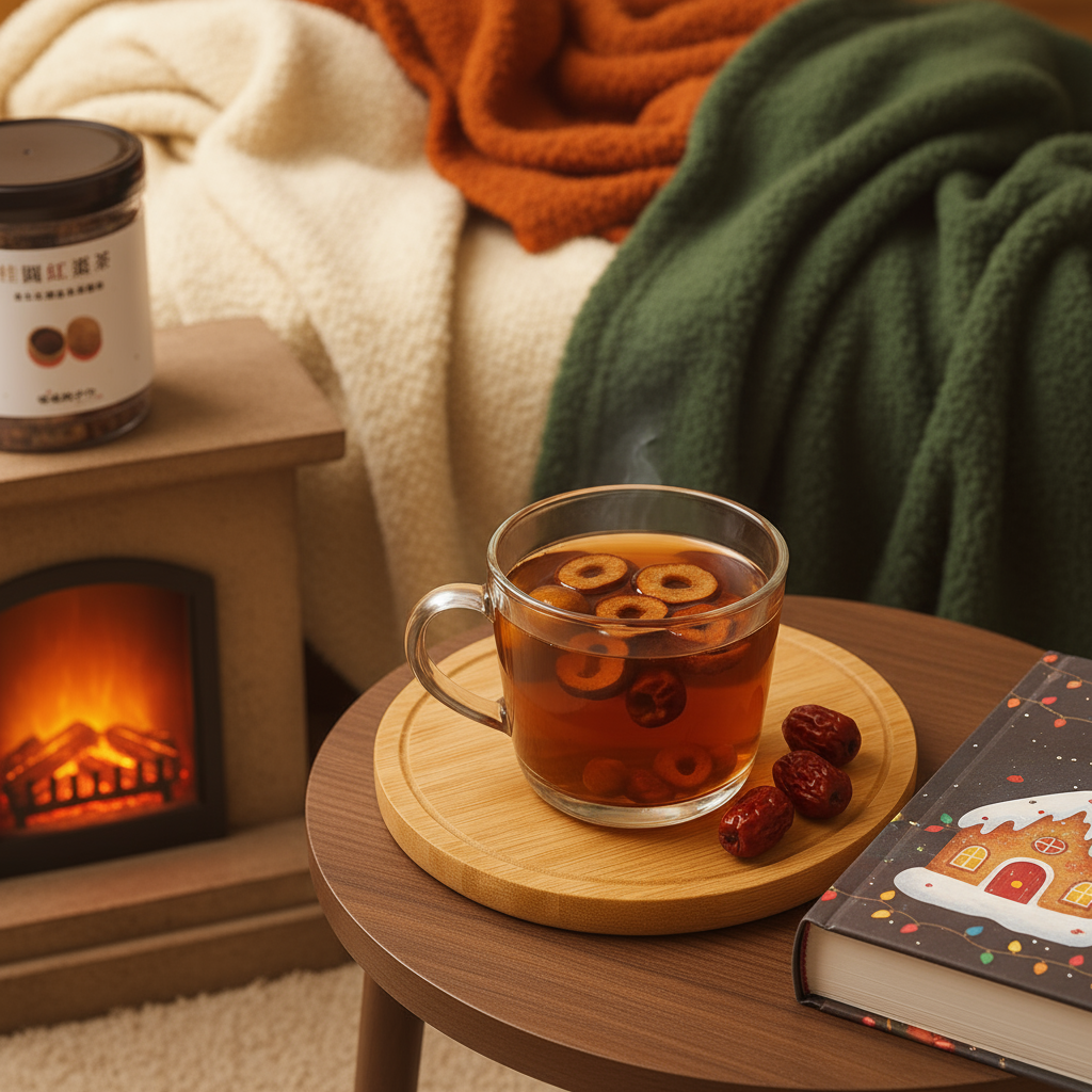 在暖爐與毛毯的溫馨居家環境中，擺放一杯暖暖純手作桂圓紅棗茶，強調口感穩定且甜度適中。
