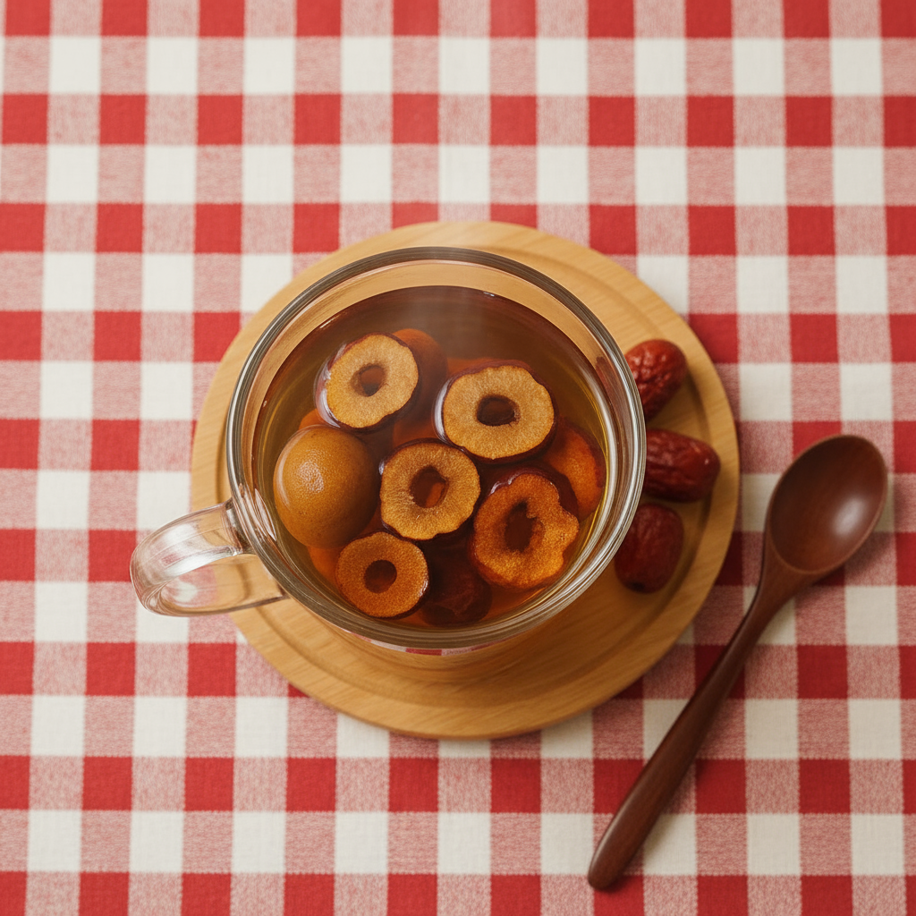 放置於木質桌面上的桂圓紅棗茶與產品罐，周圍點綴紅絲帶與包裝紙，呈現適合冬季送禮的質感。