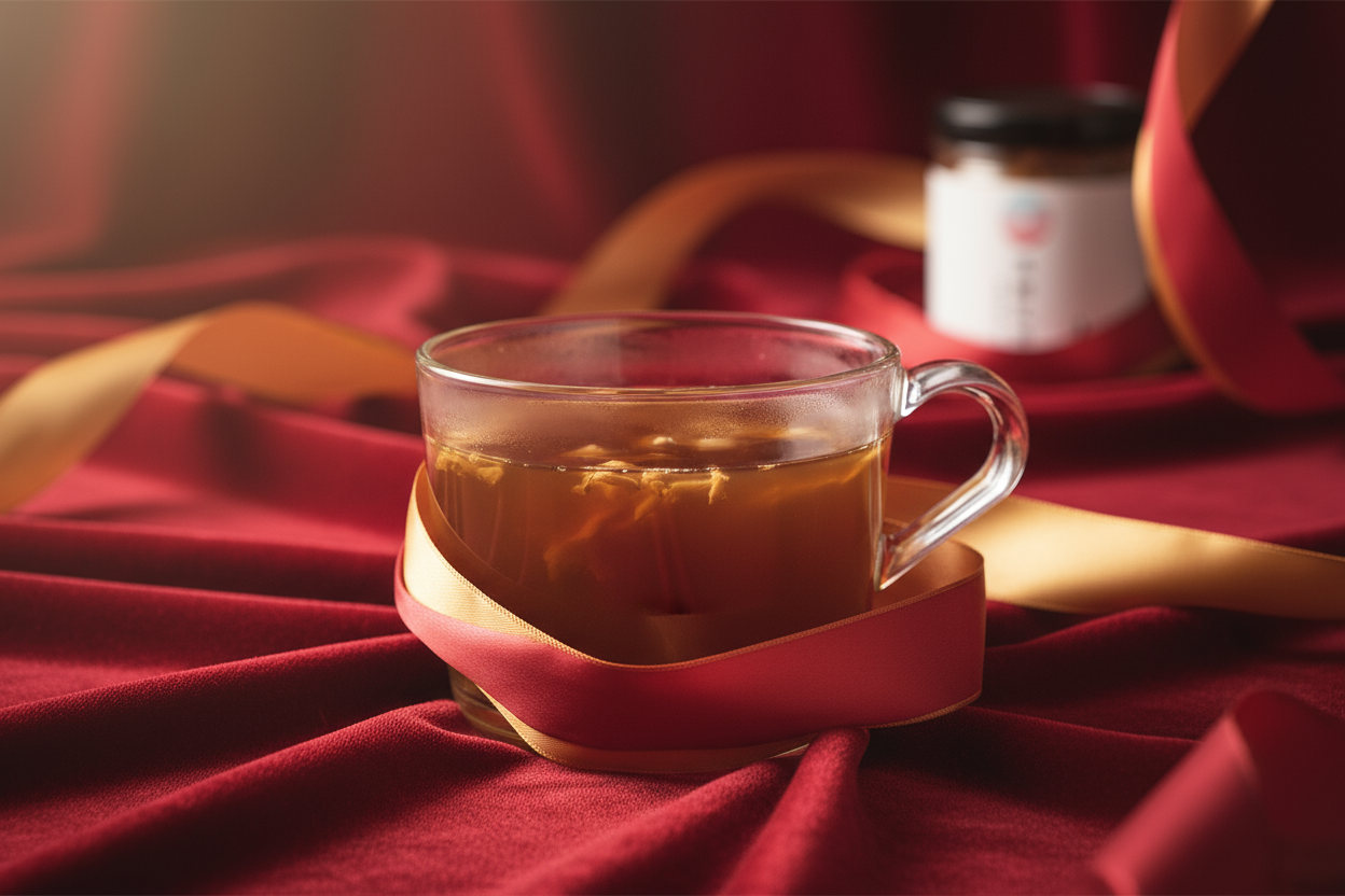 玻璃杯草本茶置於紅色布面上,搭配緞帶裝飾,營造溫暖細膩的送禮飲茶氛圍