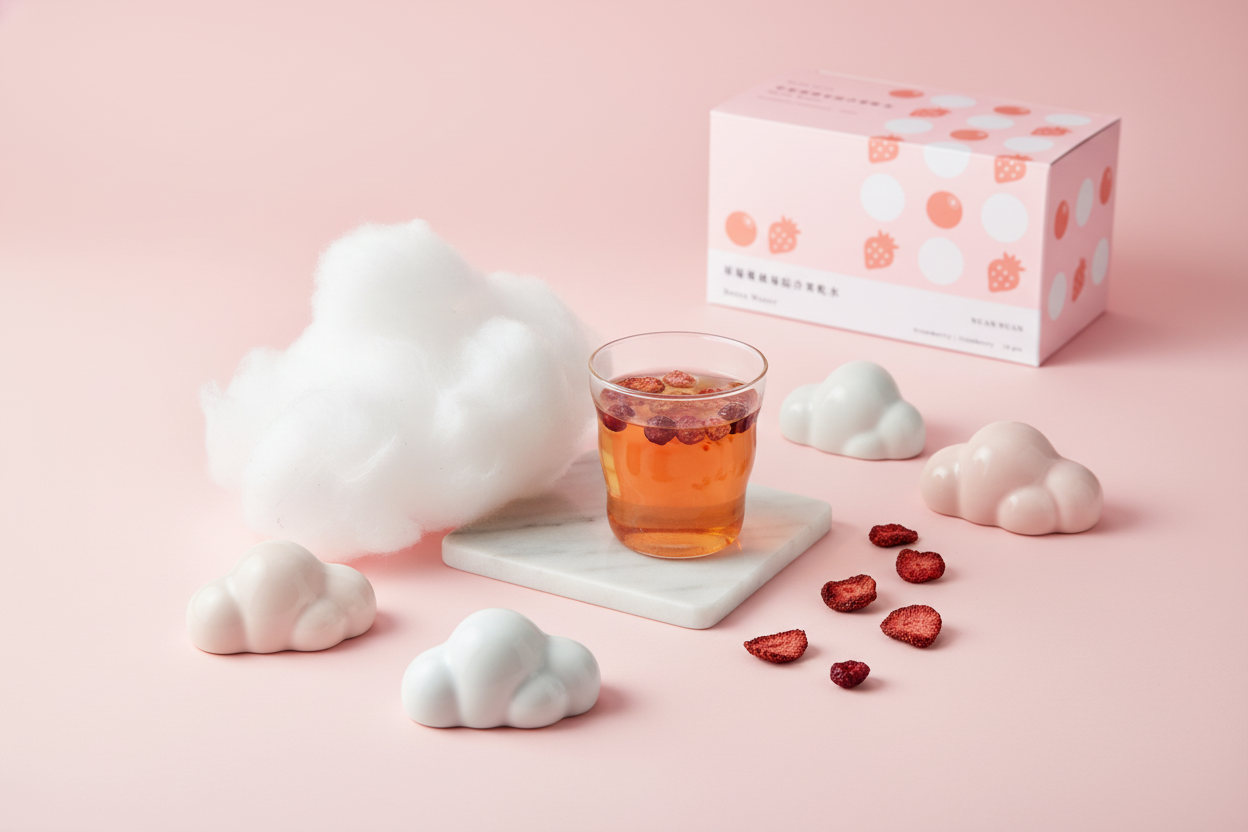 粉色背景中,一杯草莓蔓越莓果乾水置於玻璃杯內,杯中可見草莓與蔓越莓果乾,呈現清爽無加糖的果乾水飲用情境。