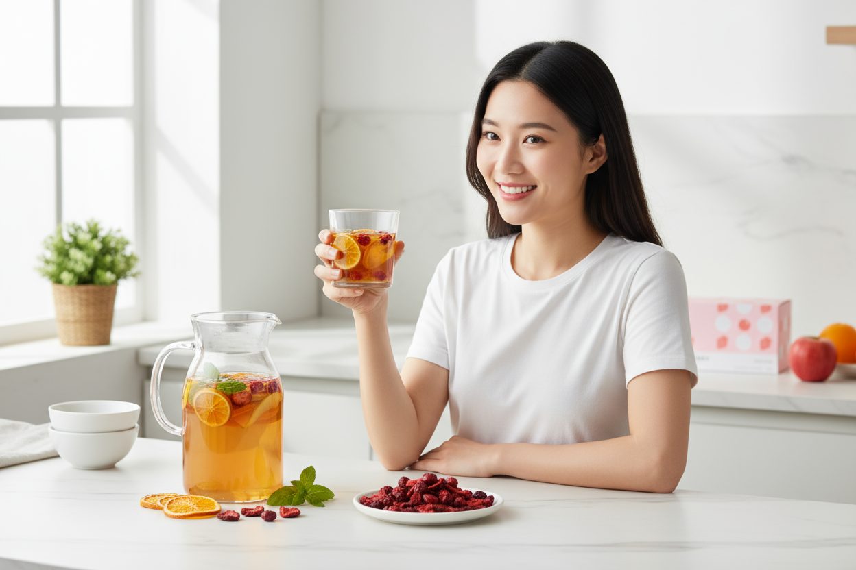 女子在廚房手持綜合果乾水，展現清爽自然的日常飲用情境