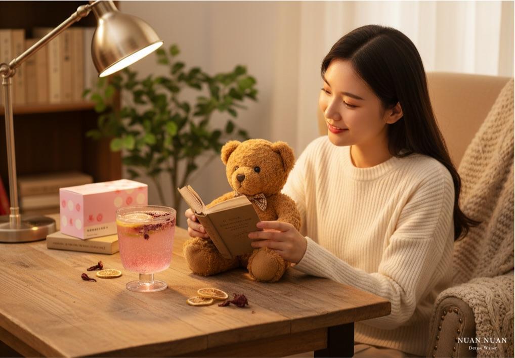 女子在溫馨燈光下閱讀書籍，桌上擺放洛神檸檬果乾水，呈現放鬆的健康飲品生活情境。
