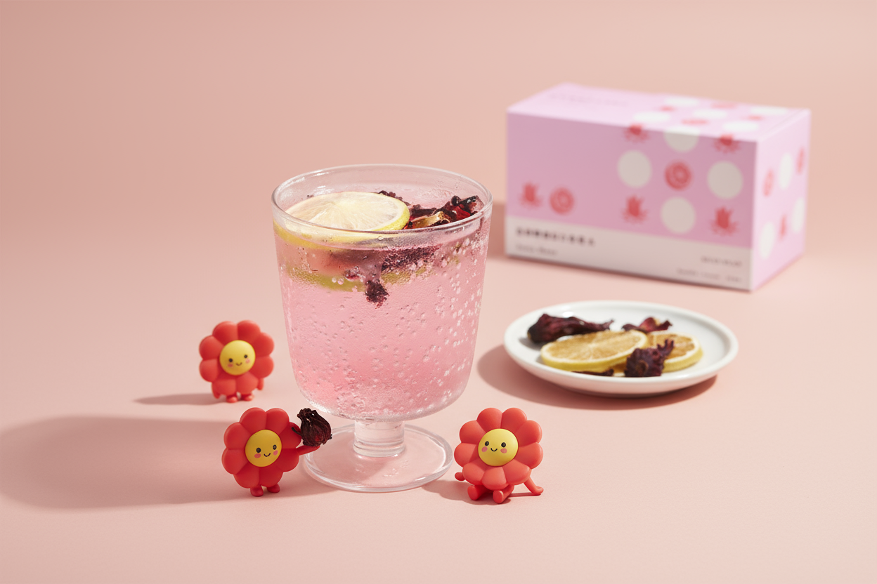 近拍洛神檸檬果乾水杯中果片細節,展現自然花果香與清爽口感