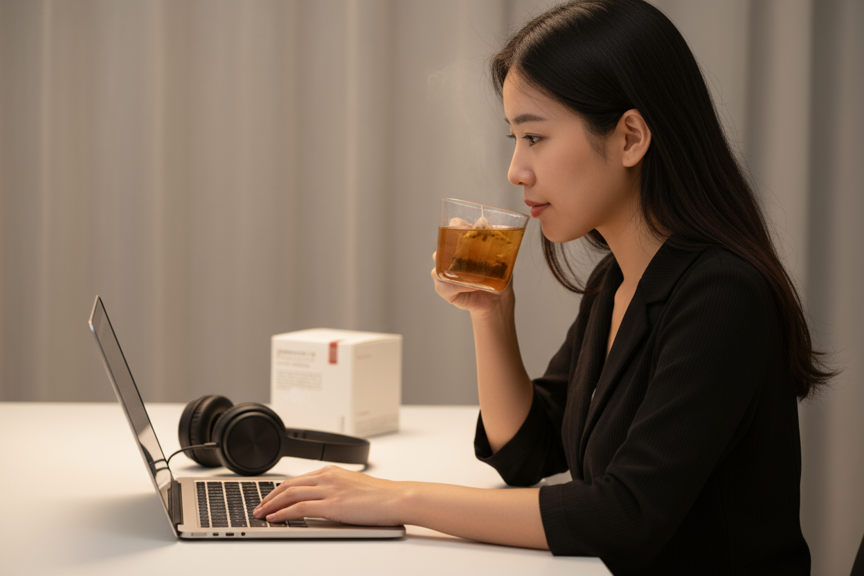 上班族女性在辦公桌前飲用蕎麥茶,呈現工作中的放鬆片刻