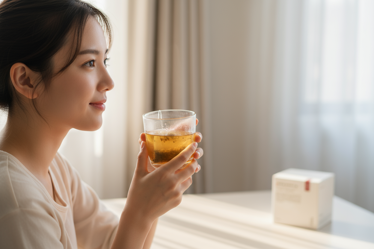 女性在室內手持蕎麥茶飲用,呈現居家日常、溫潤無負擔的喝茶時刻