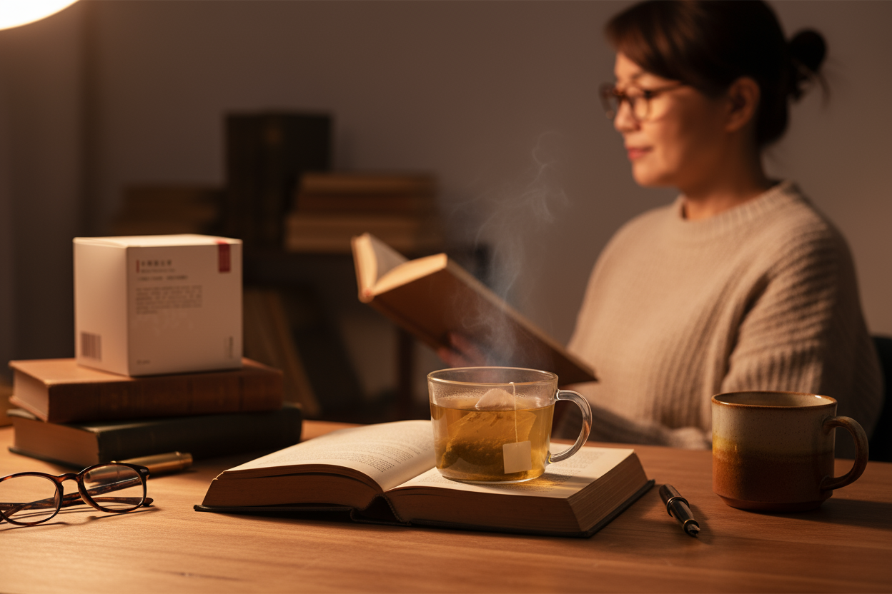 居家閱讀情境中，一杯熱沖黑豆茶放置於書本旁，茶湯溫熱冒著蒸氣，呈現黑豆茶陪伴放鬆時光的生活畫面