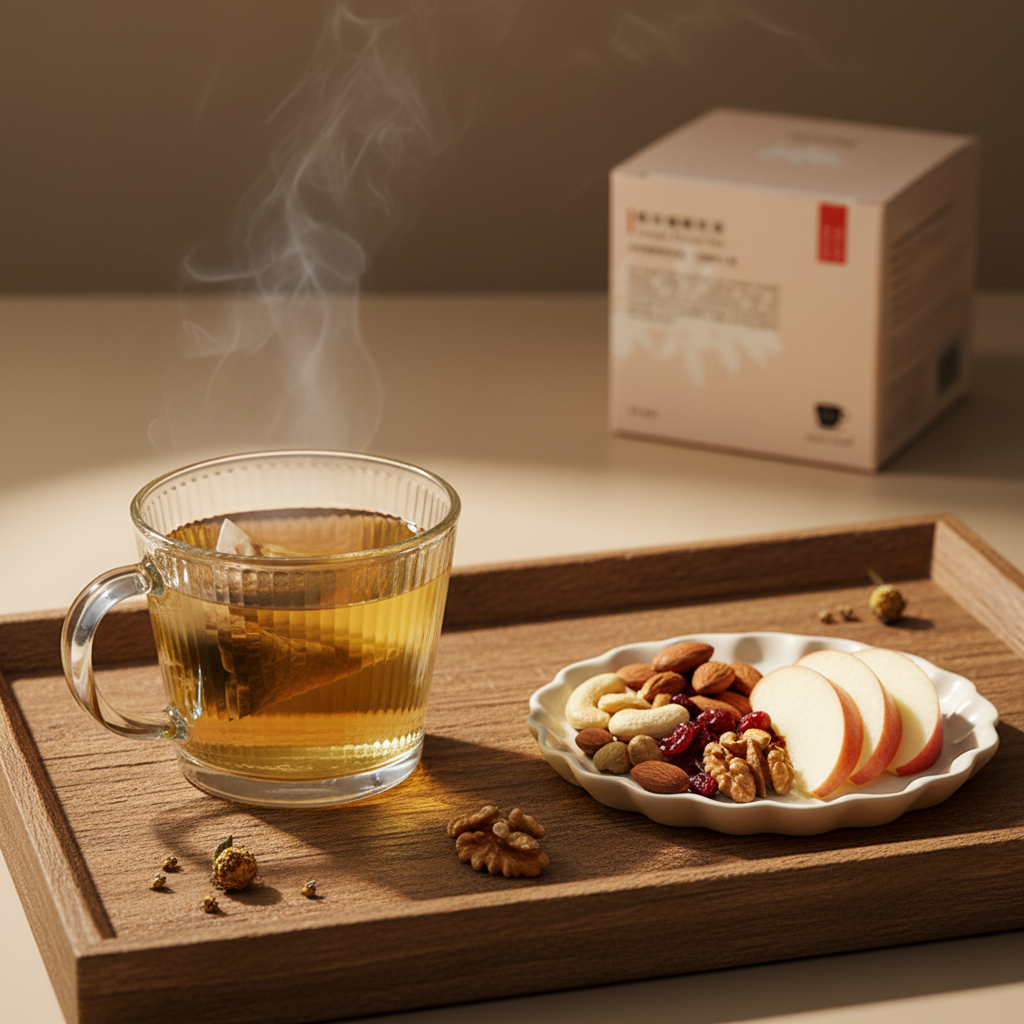 熱泡黑豆茶茶包放置於木質托盤上,茶杯冒著熱氣,旁邊搭配堅果與水果,展現日常飲用黑豆茶的生活畫面