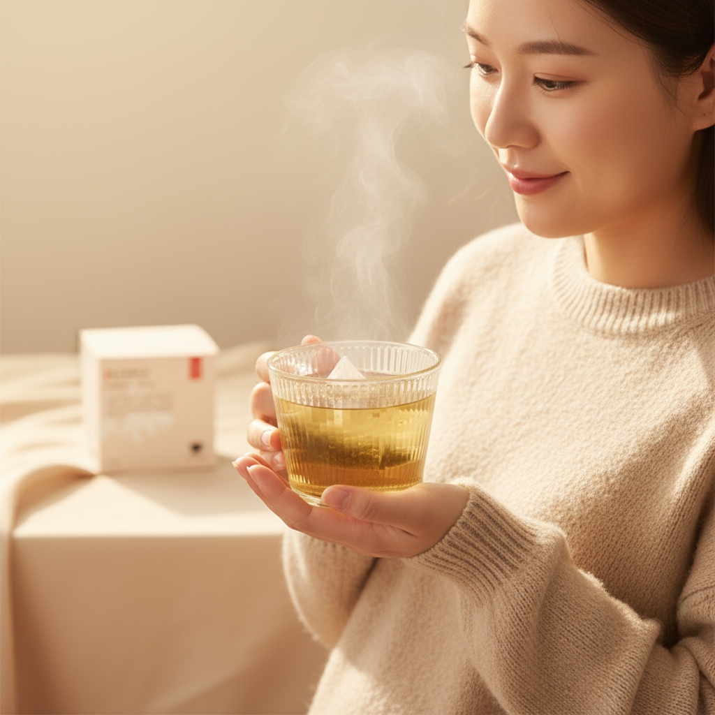 一位女性手捧一杯冒著熱氣的蕎麥茶,呈現無咖啡因茶飲適合日常與夜晚飲用的溫和氛圍