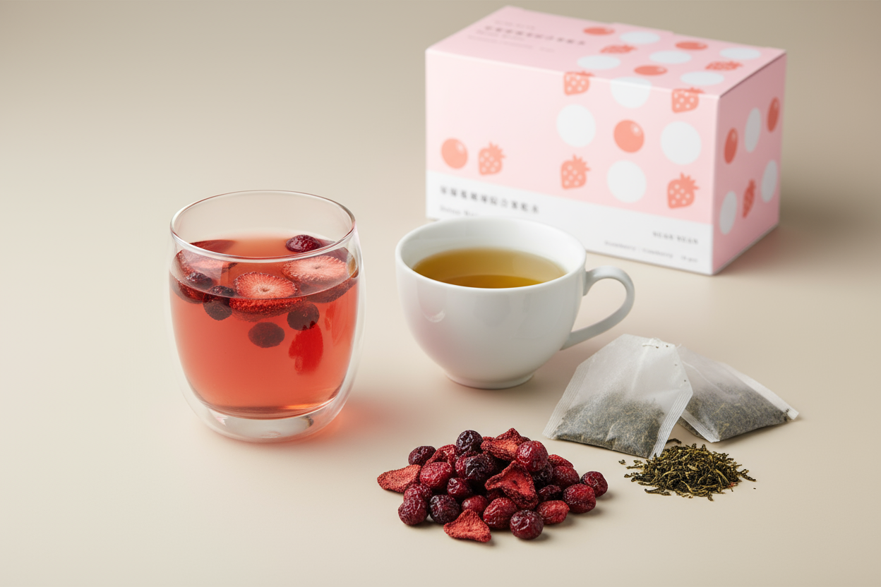 草莓蔓越莓果乾水冷泡與熱泡對照展示,玻璃杯與白色陶瓷杯並列,搭配果乾原料與茶包,呈現不同飲用方式。