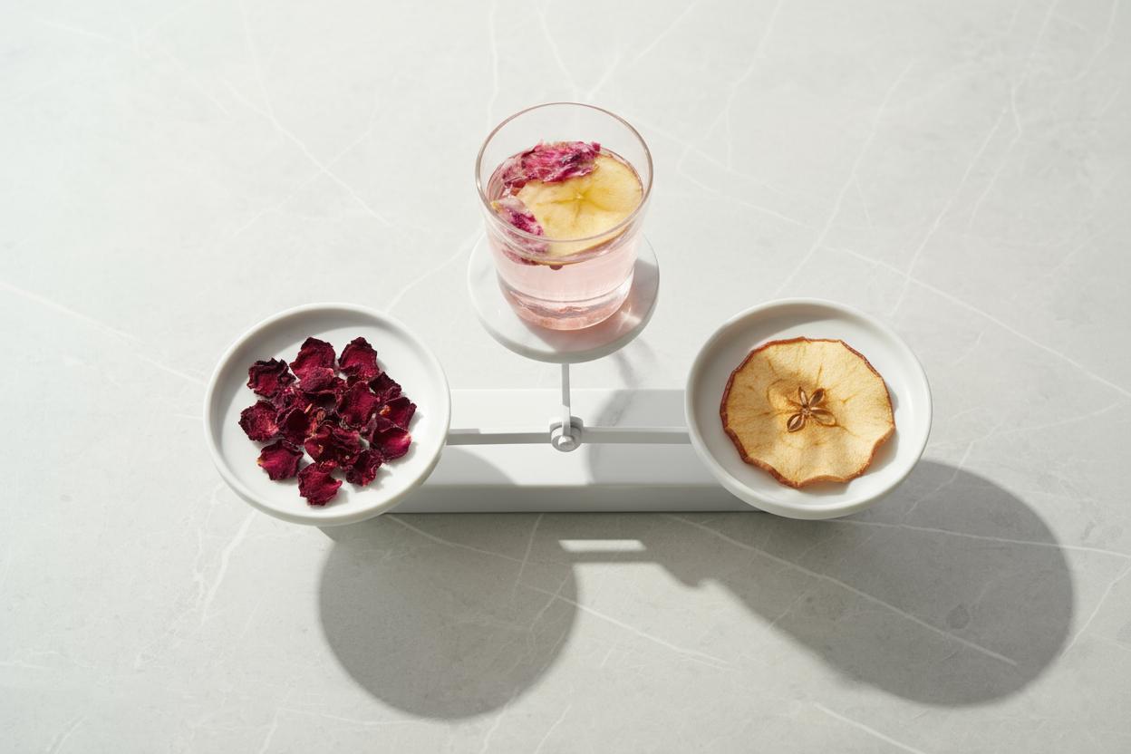 蘋果片與玫瑰花乾搭配果乾水擺放於天秤造型盤上,展現酸甜平衡的果乾水口味特色。