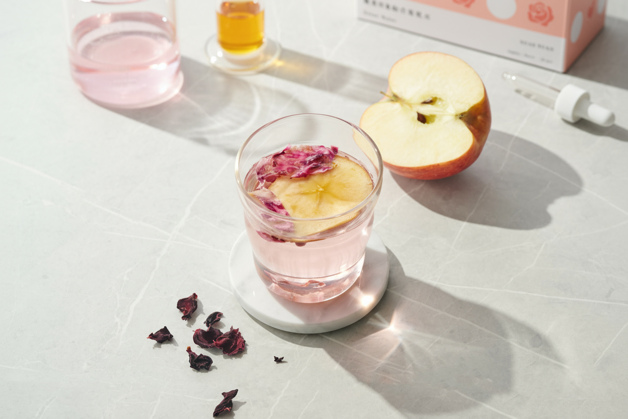 玻璃杯中蘋果玫瑰果乾水搭配乾燥蘋果片與玫瑰花瓣,呈現清爽自然的果乾水口味。