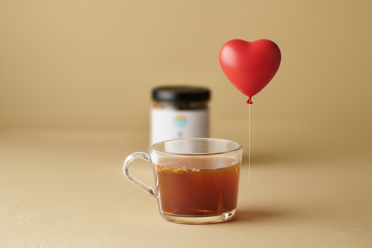 透明玻璃杯盛裝草本茶，旁邊漂浮紅色愛心裝飾，背景簡約溫暖，傳達貼心送禮與關懷氛圍
