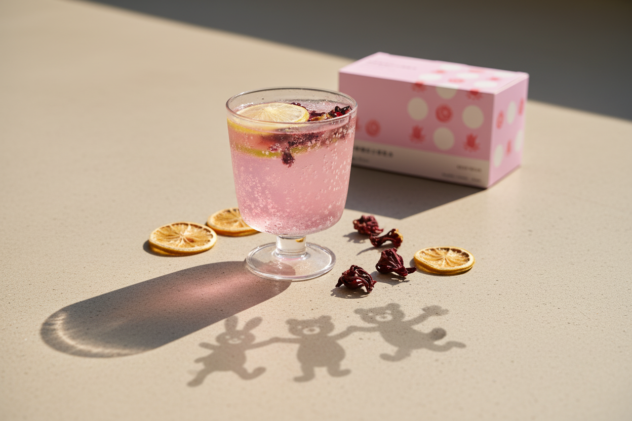 洛神檸檬果乾水置於桌面光影中,搭配果乾與禮盒呈現輕盈日常補水畫面