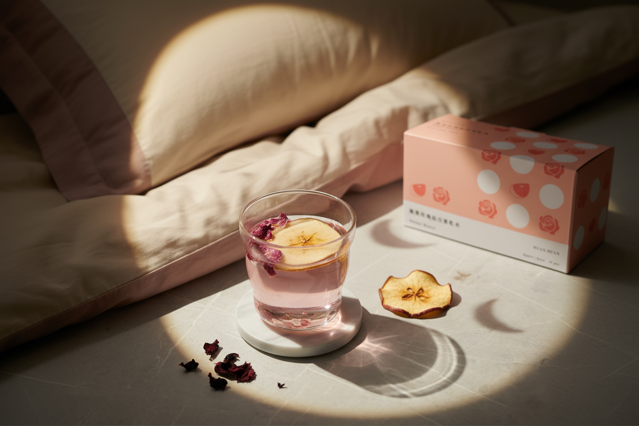 聚焦拍攝蘋果玫瑰果乾水杯身與果片細節，展現高CP值果乾水品牌質感