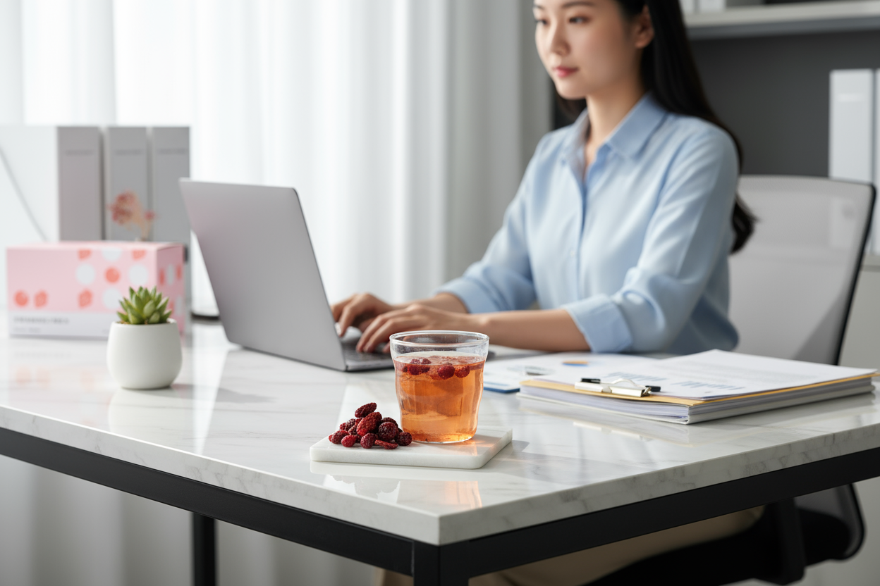 上班族在辦公桌前使用筆電,桌上放有果乾水與草莓果乾,日常補水情境。