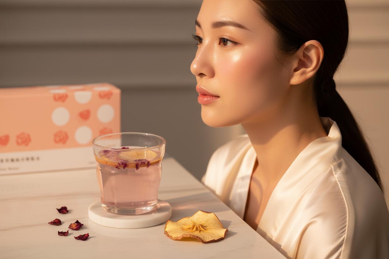 女子在桌邊飲用蘋果玫瑰果乾水，呈現清爽自然的日常補水情境