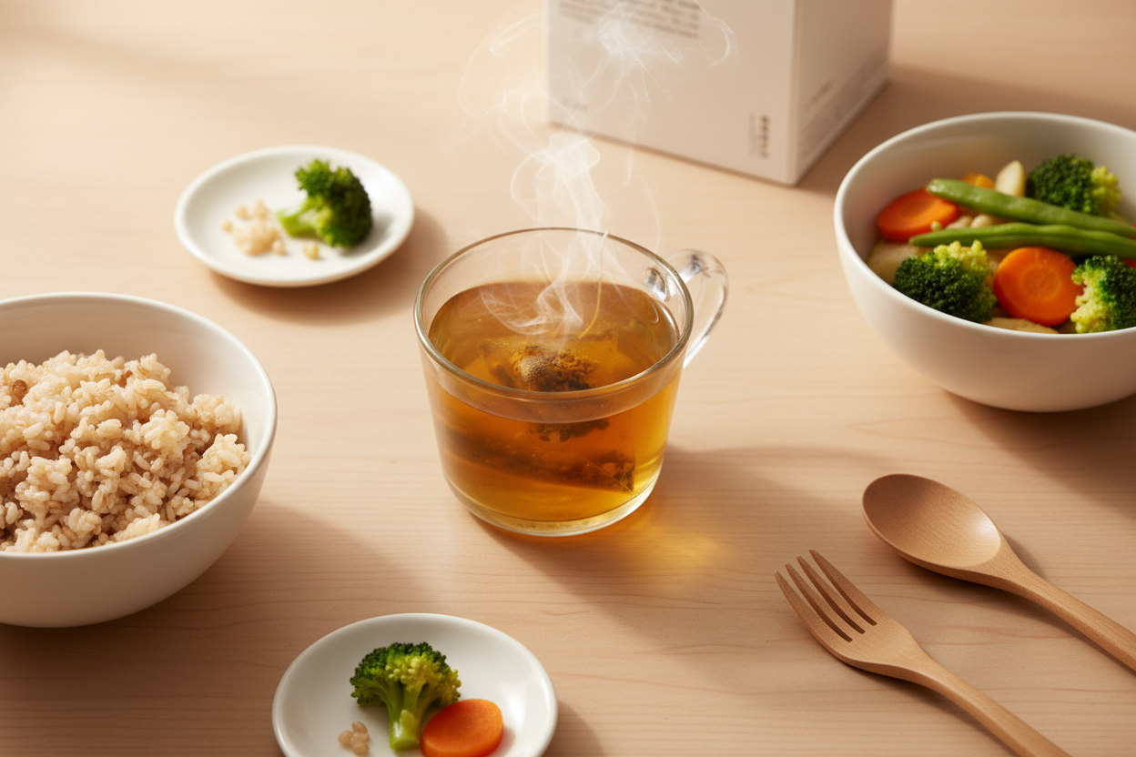 上班族女性在辦公桌前飲用蕎麥茶,呈現工作中的放鬆片刻