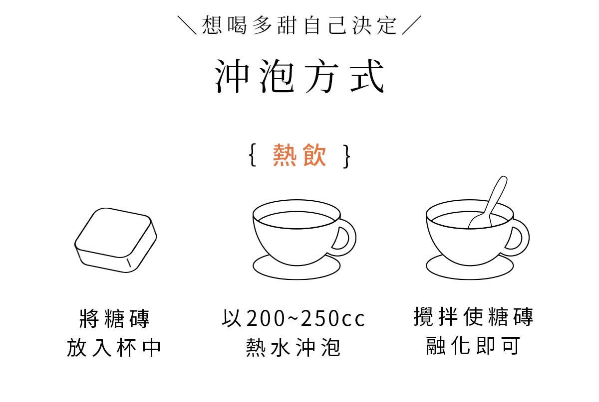 方塊薑茶熱飲沖泡方式圖解,將老薑黑糖茶磚加入熱水攪拌即可飲用
