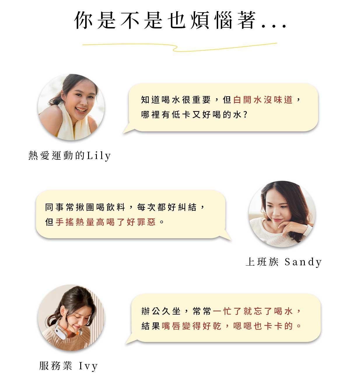 日常喝水困擾情境示意圖，包含水沒有味道、忙碌忘記喝水與飲料熱量高問題