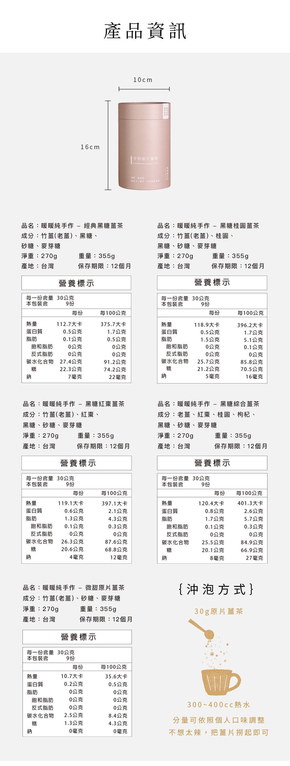 暖暖純手作薑茶系列營養標示，包含經典黑糖、桂圓、紅棗、綜合與微甜原片口味之成分、熱量及沖泡方法。