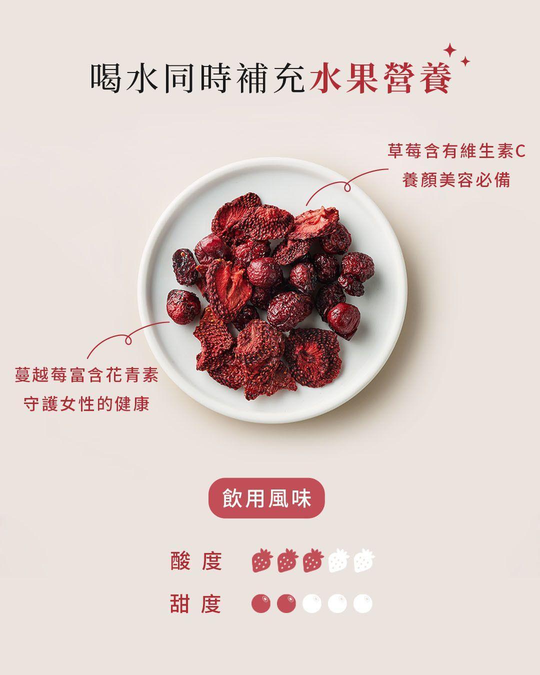 白色盤中擺放草莓與蔓越莓果乾，呈現天然果乾外觀與原料細節