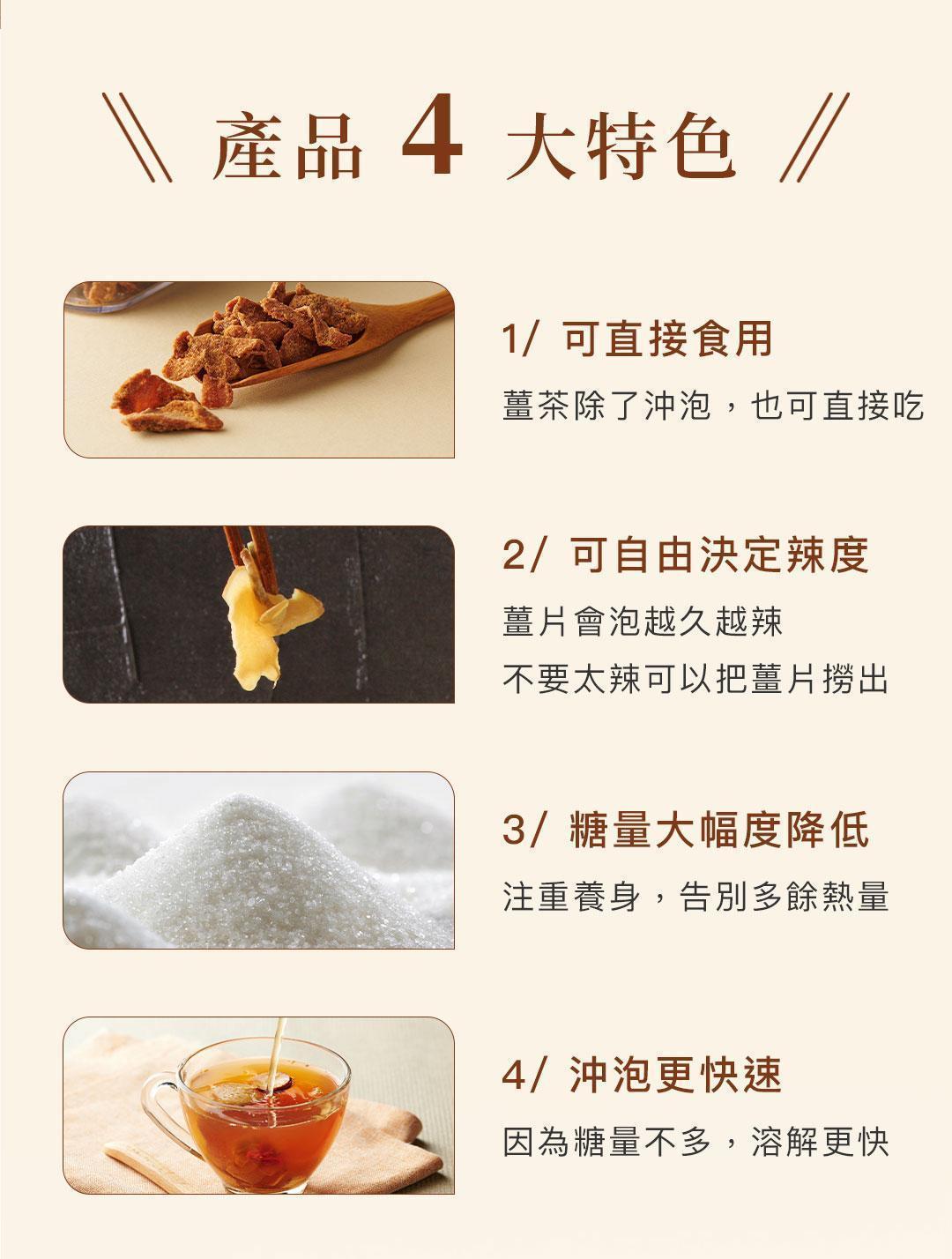 暖暖純手作原片薑茶產品特色圖，說明可直接食用、辣度可調整、糖量降低與沖泡快速。