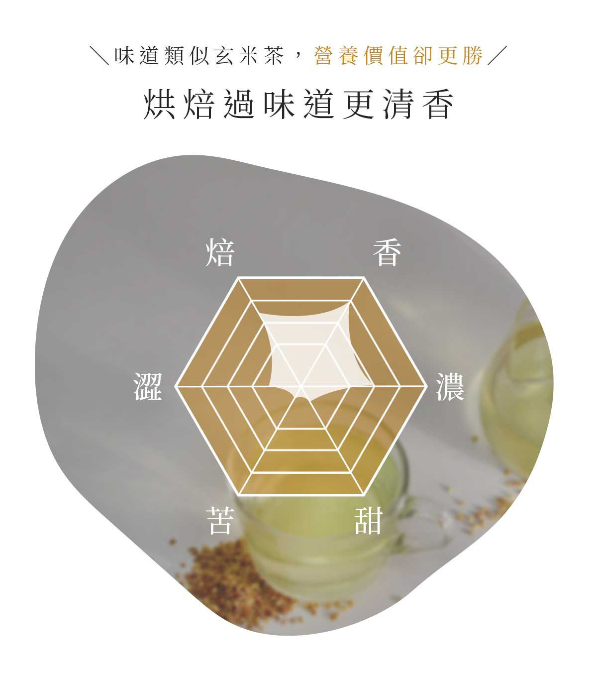 蕎麥茶風味雷達圖，說明清香、不苦澀、溫潤順口的穀物茶口感特色