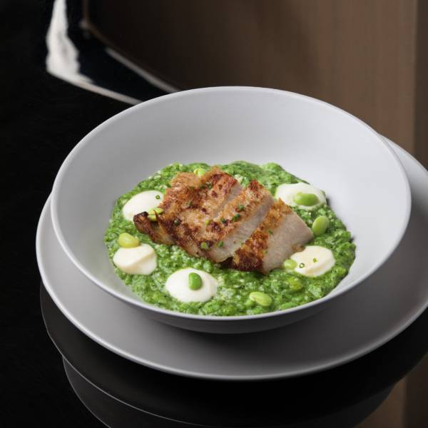 香煎松阪豬佐菠菜起司燉飯 