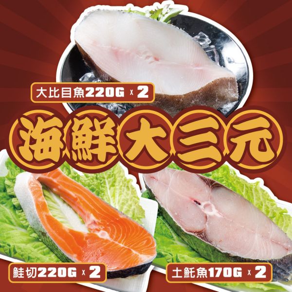 海鮮大三元(鮭魚220GX2大比目魚200GX2土魠魚170GX2)共6片 鮭魚,土魠魚,比目魚,組合,划算