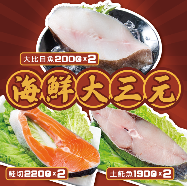海鮮大三元(鮭魚220GX2大比目魚200GX2土魠魚190GX2)共6片 鮭魚,土魠魚,比目魚,組合,划算
