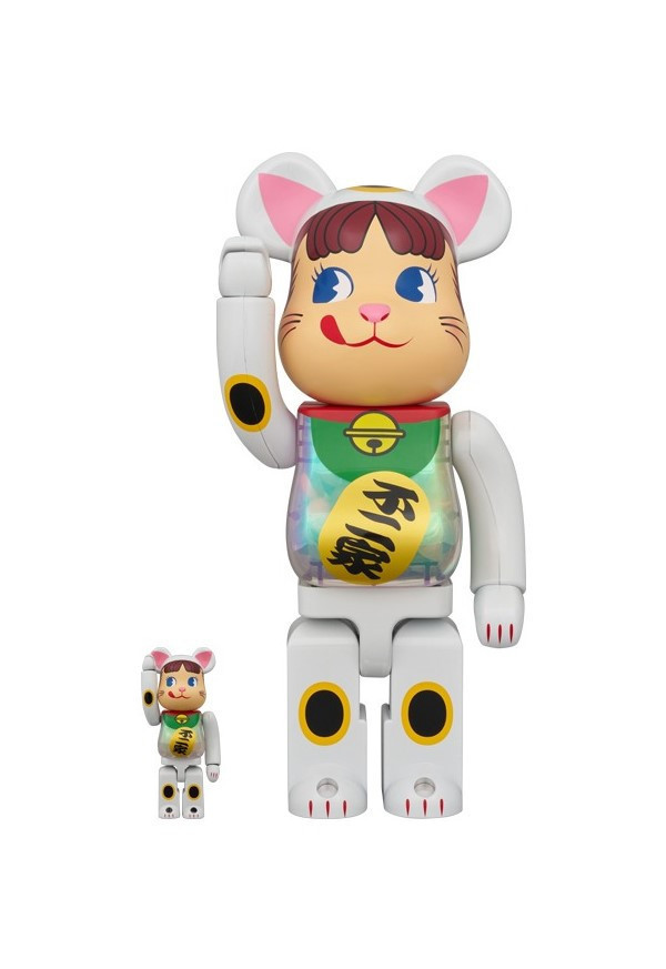 BE@RBRICK 招き猫 ペコちゃん 白メッキ 蓄光ミルキー入り 100％ & 400％ 不二家 招財貓 
