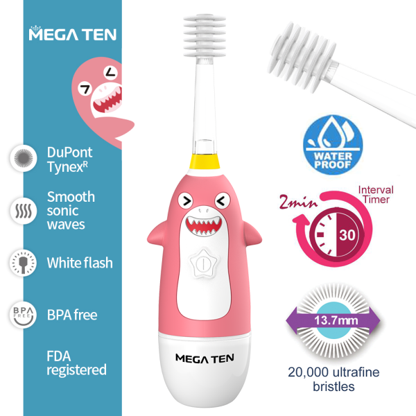 【MEGA TEN】360兒童電動牙刷(鯊魚) megaten,vivatec,360牙刷,360電動牙刷,兒童電動牙刷,sonic電動牙刷,聲波電動牙刷,幼童牙刷,360度牙刷,動物牙刷