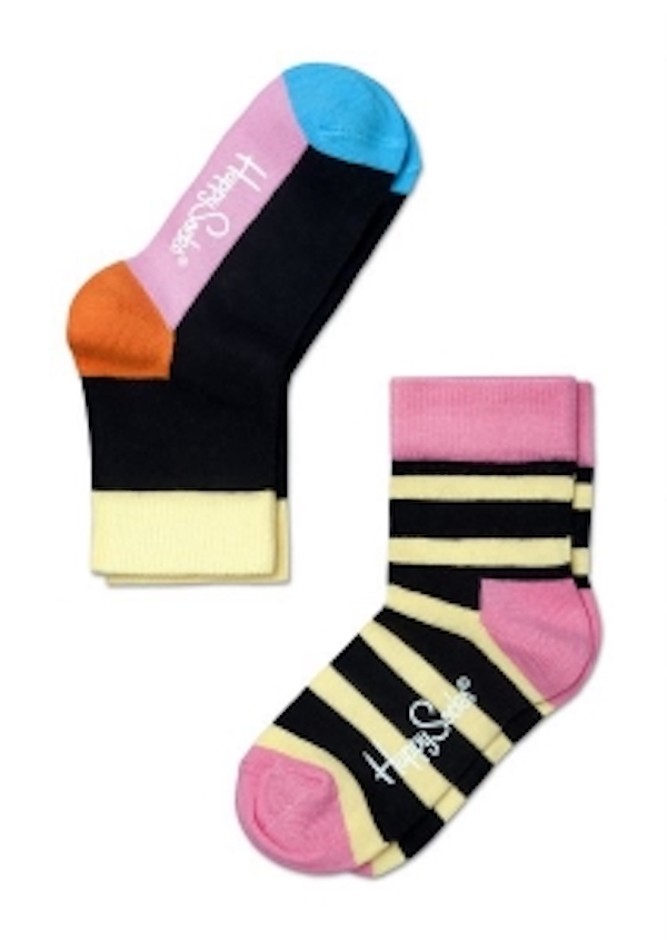 Happy Socks經典橫條拼接襪子2入【黑黃色】-(2-3y)