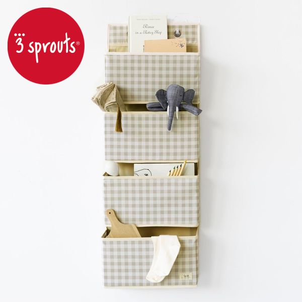 【3 Sprouts】掛式收納袋(米色格紋) 