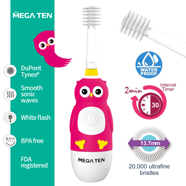 【MEGA TEN】360兒童電動牙刷(貓頭鷹) megaten,vivatec,360牙刷,360電動牙刷,兒童電動牙刷,sonic電動牙刷,聲波電動牙刷,幼童牙刷,360度牙刷,動物牙刷