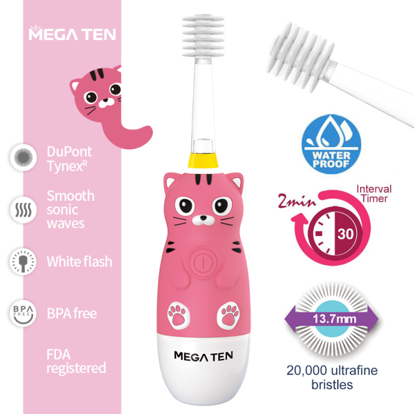 【MEGA TEN】360兒童電動牙刷(粉貓) megaten,vivatec,360牙刷,360電動牙刷,兒童電動牙刷,sonic電動牙刷,聲波電動牙刷,幼童牙刷,360度牙刷,動物牙刷