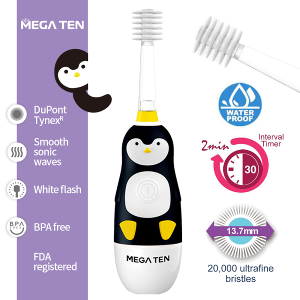 【MEGA TEN】360兒童電動牙刷(企鵝) megaten,vivatec,360牙刷,360電動牙刷,兒童電動牙刷,sonic電動牙刷,聲波電動牙刷,幼童牙刷,360度牙刷,動物牙刷
