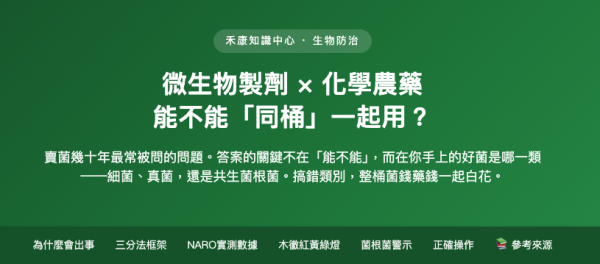 微生物製劑 × 化學農藥 能不能「同桶」一起用？ 微生物製劑 × 化學農藥
能不能「同桶」一起用？