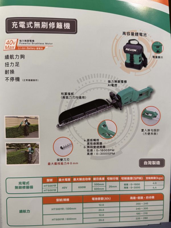 力山 補助一半 充電式 無刷籬笆修剪機 力山 REXON HT6001R 充電式 無刷籬笆修剪機 補助一半