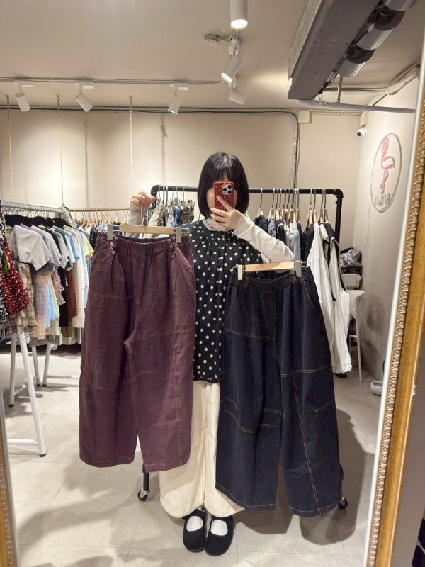 寬版直筒橘車線鬆緊腰長褲 