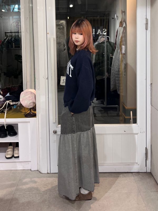 灰色牛仔方格拼接長裙 