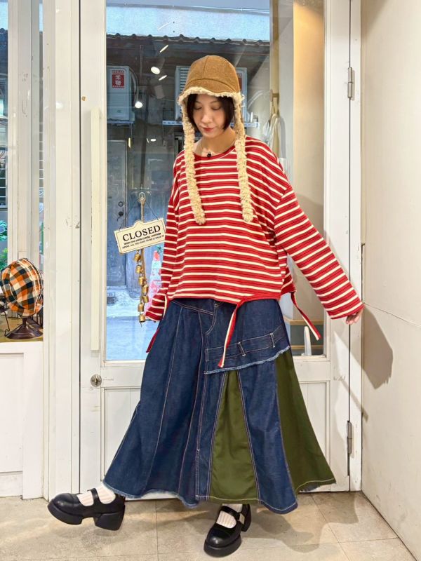 鬆緊腰異材質拼接傘狀牛仔裙 