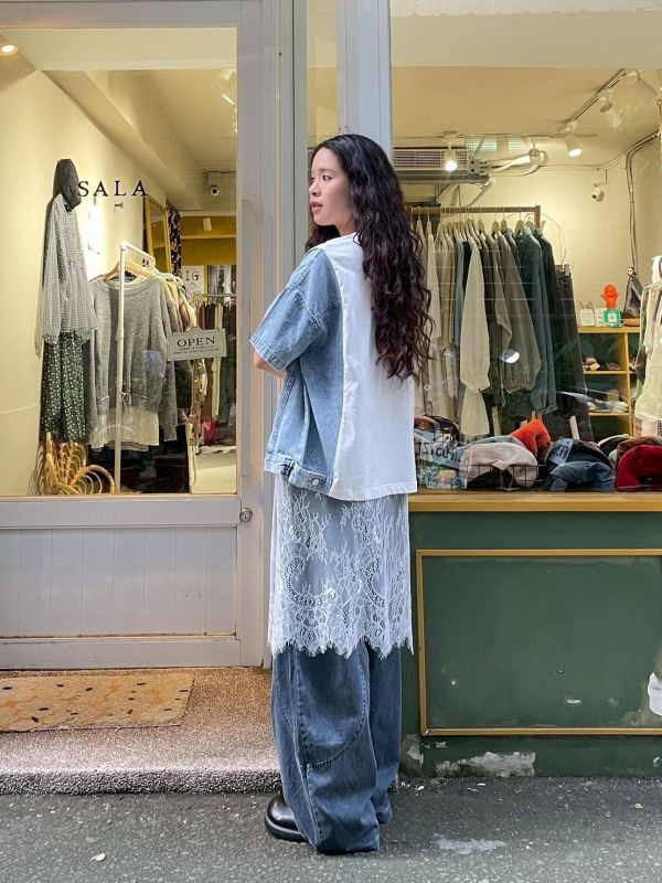 拼接造型牛仔寬鬆短袖上衣 